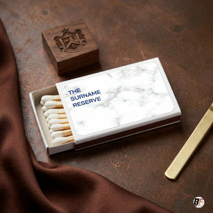Surname Reserve Elegant Marble Text White Blue Matchboxes