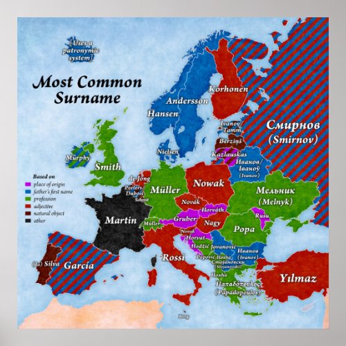 Surnames Europe Map Poster