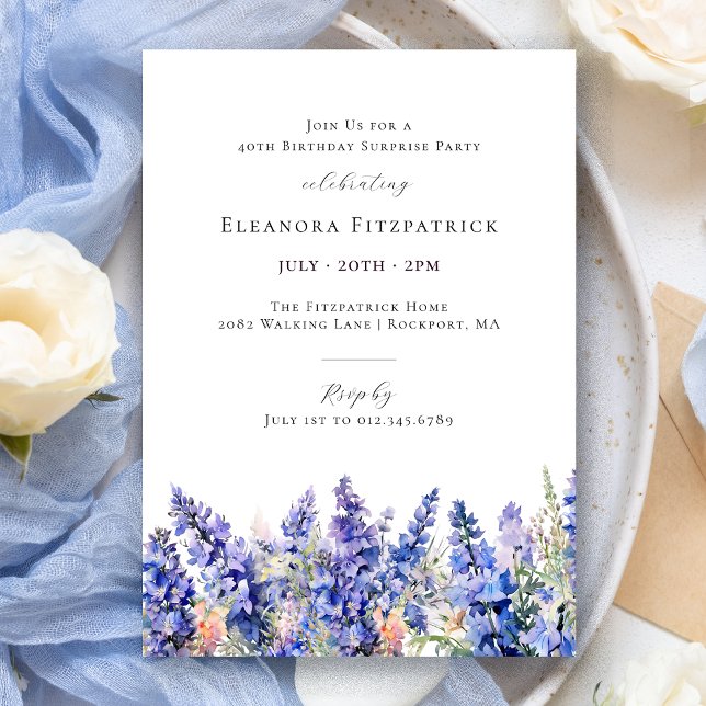 SURPISE PARTY 40th Birthday Blue July Birth Flower Invitation (Creator Uploaded)