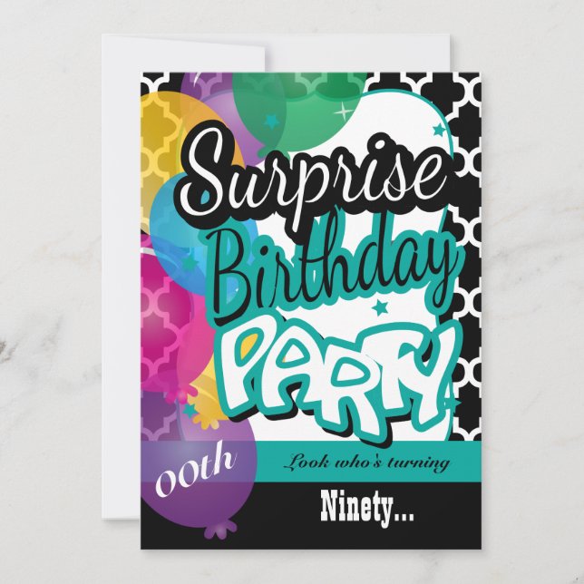 Surprise 00th Birthday Party with Balloons in Teal Invitation (Front)