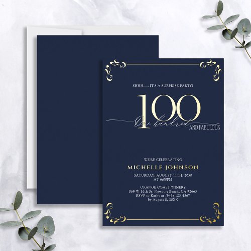 Surprise 100  Fabulous Blue  Gold Birthday Foil Invitation
