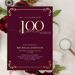 Surprise 100 & Fabulous Burgundy & Gold Birthday Foil Invitation