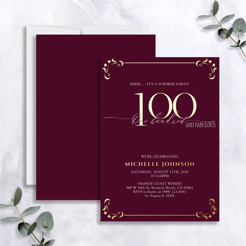 Surprise 100  Fabulous Burgundy  Gold Birthday Foil Invitation