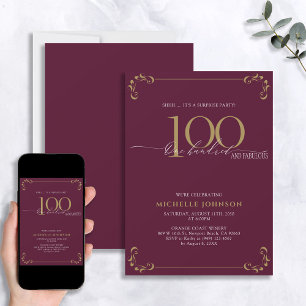Surprise 100 & Fabulous Burgundy & Gold Birthday Invitation