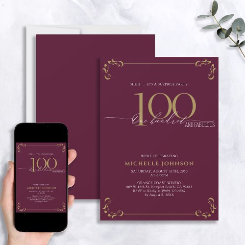 Surprise 100  Fabulous Burgundy  Gold Birthday  Invitation