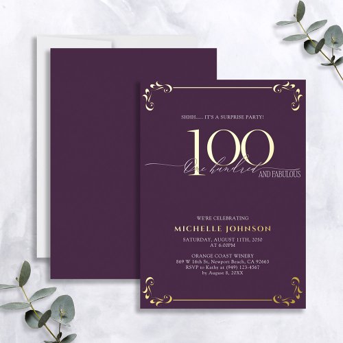 Surprise 100  Fabulous Purple  Gold Birthday Foil Invitation