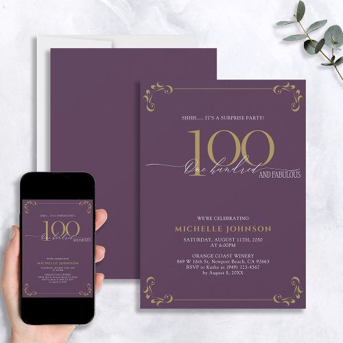 Surprise 100  Fabulous Purple  Gold Birthday Invitation