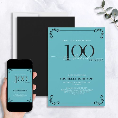 Surprise 100  Fabulous Turquoise Black Birthday  Invitation