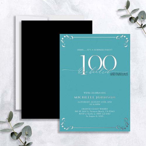 Surprise 100  Fabulous Turquoise Silver Birthday Foil Invitation