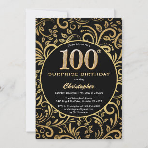 Surprise 100th Birthday Black and Gold Floral Invitation