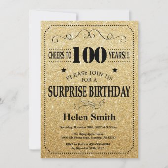 Surprise 100th Birthday Black and Gold Glitter Invitation | Zazzle