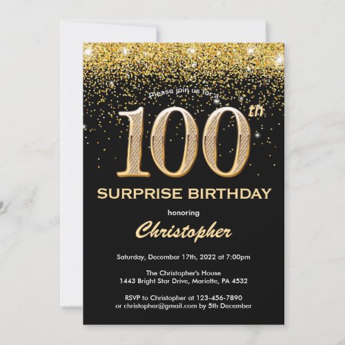 Surprise 100th Birthday Black and Gold Glitter Invitation