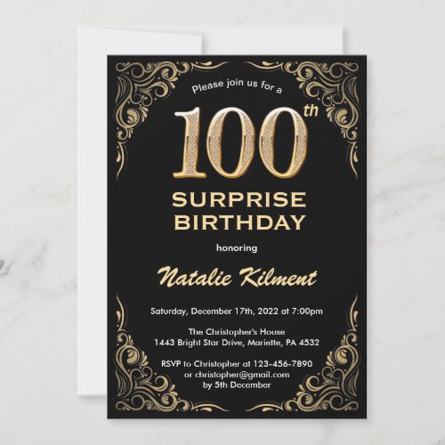 Surprise 100th Birthday Black and Gold Glitter Invitation