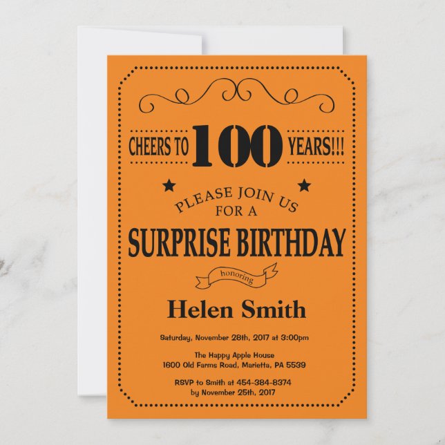 Surprise 100th Birthday Black and Orange Invitation (Front)