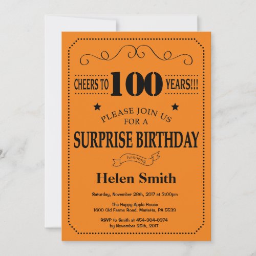 Surprise 100th Birthday Black and Orange Invitation