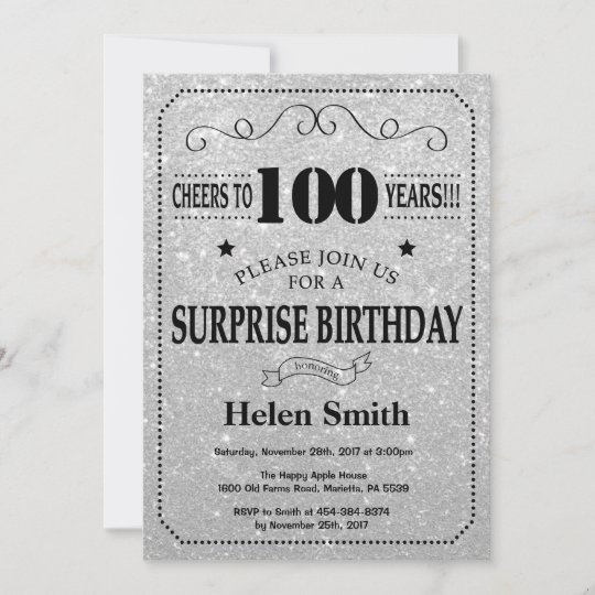 Surprise 100th Birthday Black And Silver Glitter Invitation 