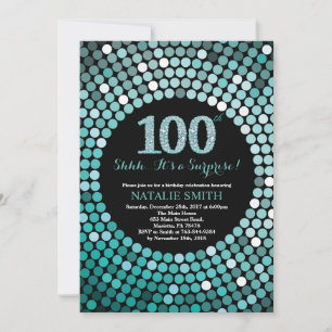 Surprise 100th Birthday Black and Teal Glitter Invitation