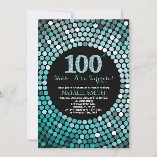 Surprise 100th Birthday Black and Teal Glitter Invitation