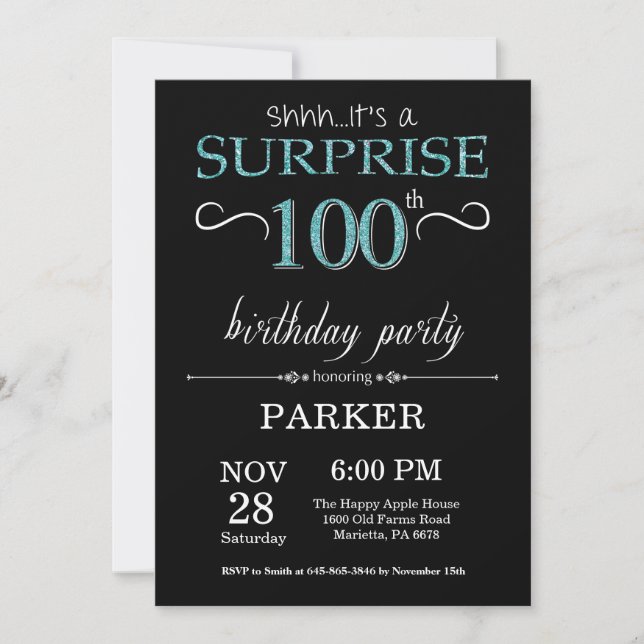 Surprise 100th Birthday Black and Teal Invitation (Front)