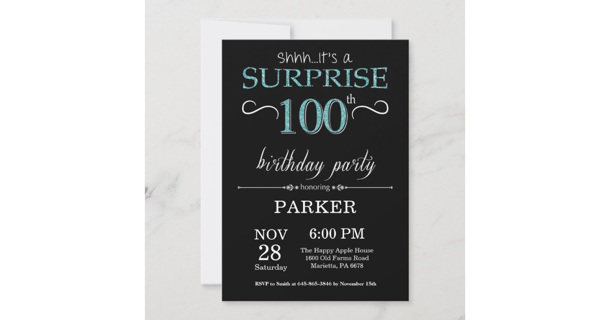 Surprise 100th Birthday Black and Teal Invitation | Zazzle