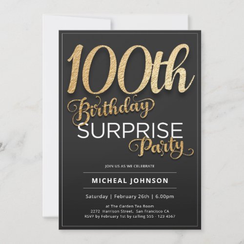 Surprise 100th Birthday Black Gold Foil Custom Invitation