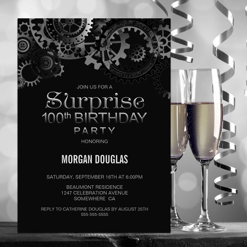 Surprise 100th Birthday Black Silver Steampunk Invitation