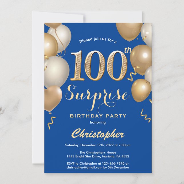 Surprise 100th Birthday Blue and Gold Balloons Invitation (Front)