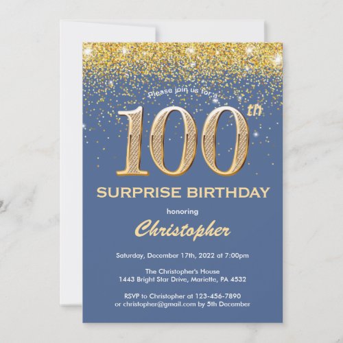 Surprise 100th Birthday Blue and Gold Glitter Invitation