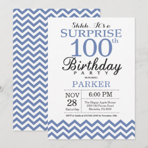 Surprise 100th Birthday Blue Chevron Invitation