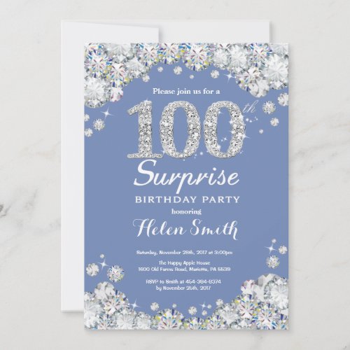 Surprise 100th Birthday Blue Silver Diamond Invitation