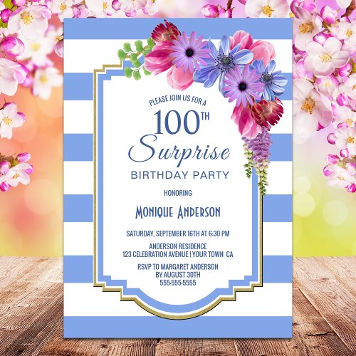 Surprise 100th Birthday Blue Striped Floral Party Invitation