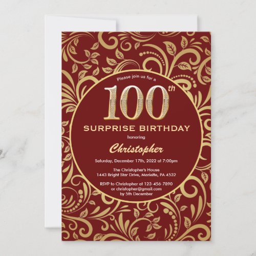 Surprise 100th Birthday Burgundy Red  Gold Floral Invitation