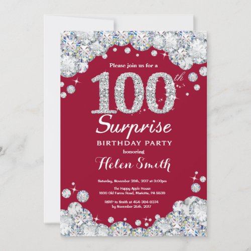 Surprise 100th Birthday Burgundy Silver Diamond Invitation
