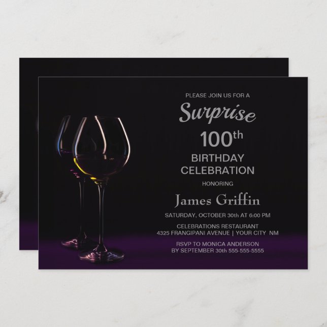 Surprise 100th Birthday Celebration Wine Glass Invitation (Front/Back)