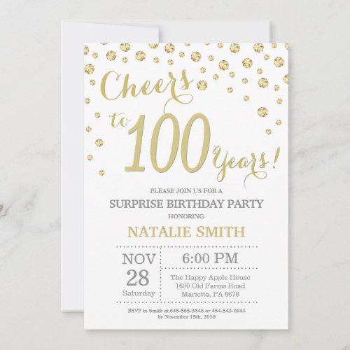Surprise 100th Birthday Gold Glitter Diamond Invitation