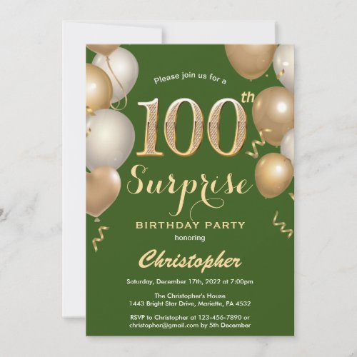 Surprise 100th Birthday Green and Gold Balloons Invitation