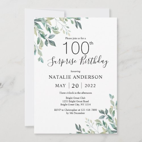 Surprise 100th Birthday Green Eucalyptus Greenery Invitation