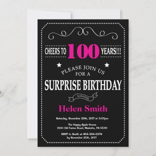 Surprise 100th Birthday Hot Pink and Black Invitation