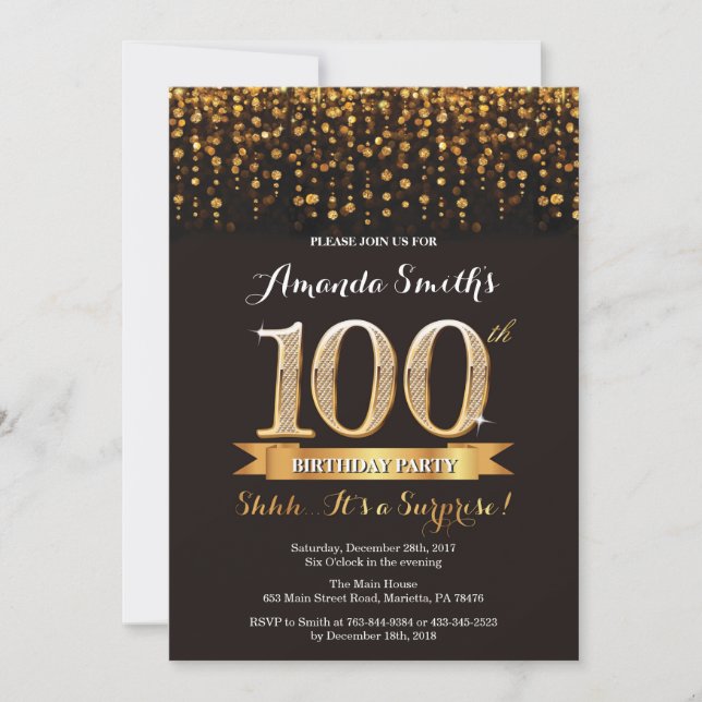 Surprise 100th Birthday Invitation Black and Gold (Front)