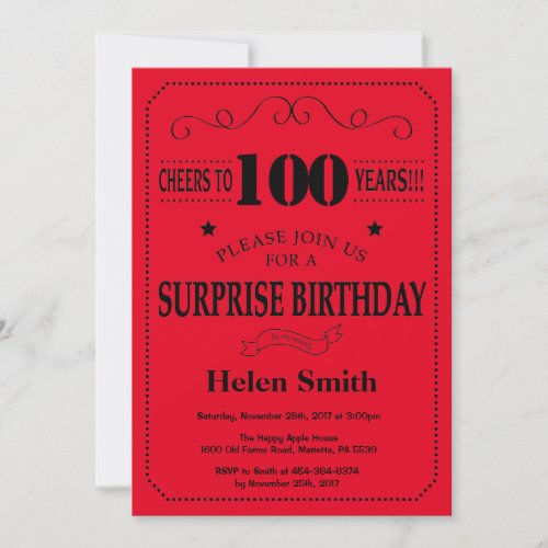 Surprise 100th Birthday Invitation Black and Red