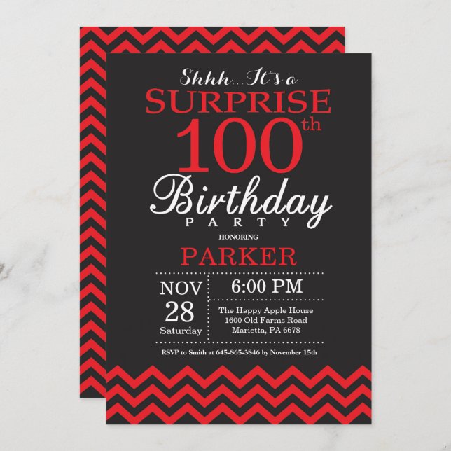 Surprise 100th Birthday Invitation Black and Red (Front/Back)