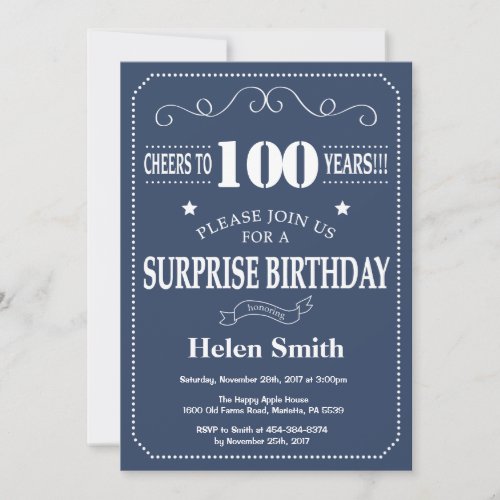 Surprise 100th Birthday Invitation Blue and Whit