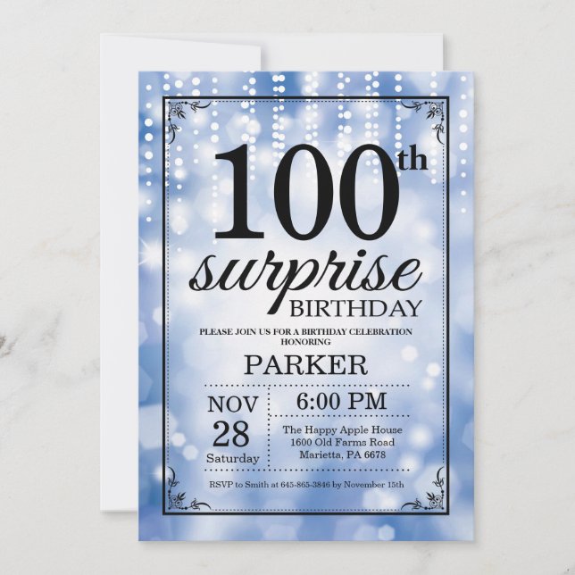 Surprise 100th Birthday Invitation Blue Glitter (Front)