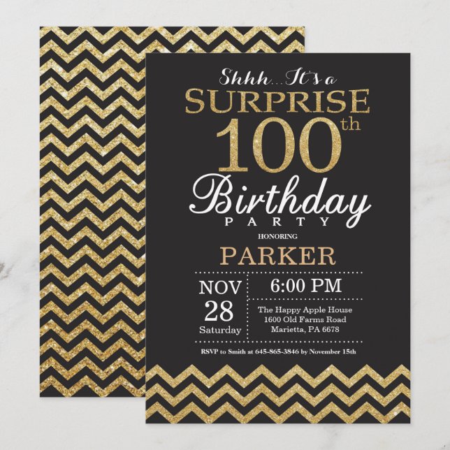 Surprise 100th Birthday Invitation Gold Glitter (Front/Back)