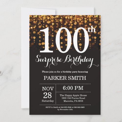 Surprise 100th Birthday Invitation Gold Glitter