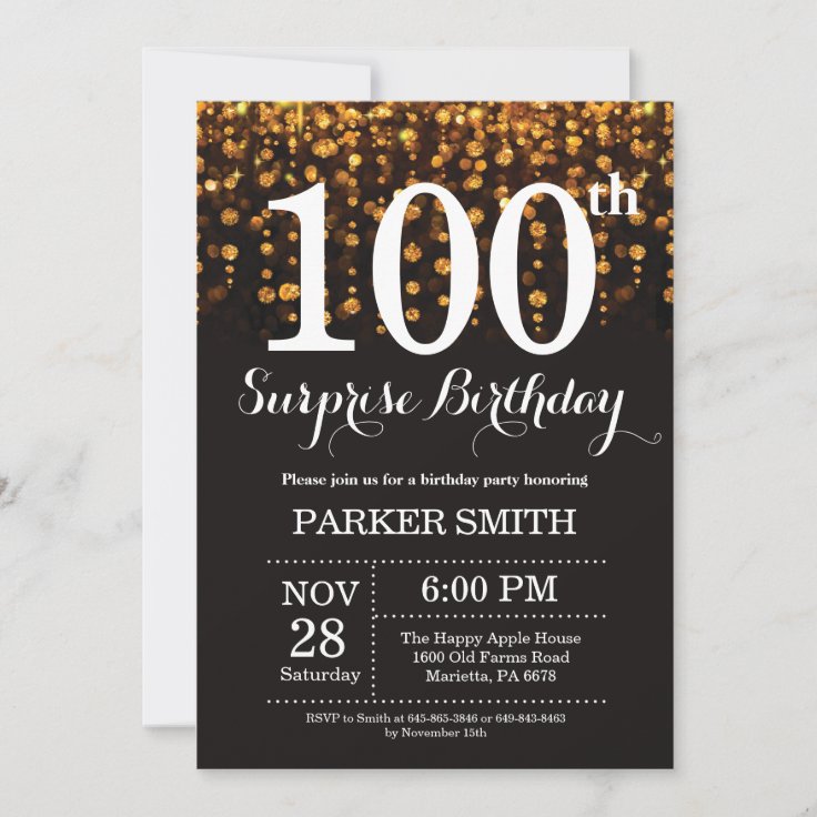 Surprise 100th Birthday Invitation Gold Glitter | Zazzle