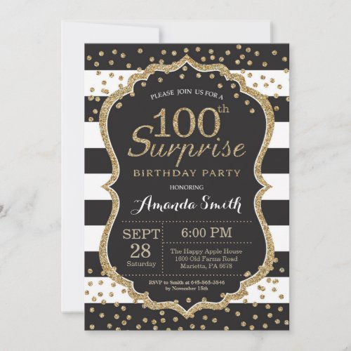 Surprise 100th Birthday Invitation Gold Glitter Invitation