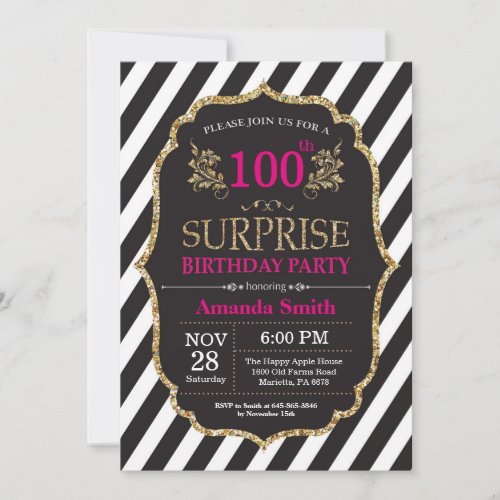 Surprise 100th Birthday Invitation Pink Black Gold