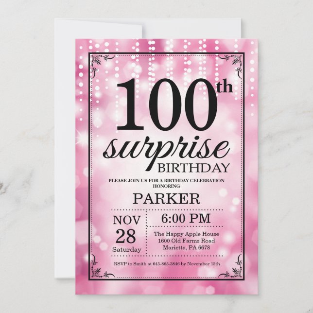 Surprise 100th Birthday Invitation Pink Glitter (Front)