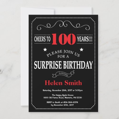 Surprise 100th Birthday Invitation Red and Black
